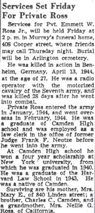 Services Set Friday For Private Ross, Camden Courier-Post, August 9, 1948