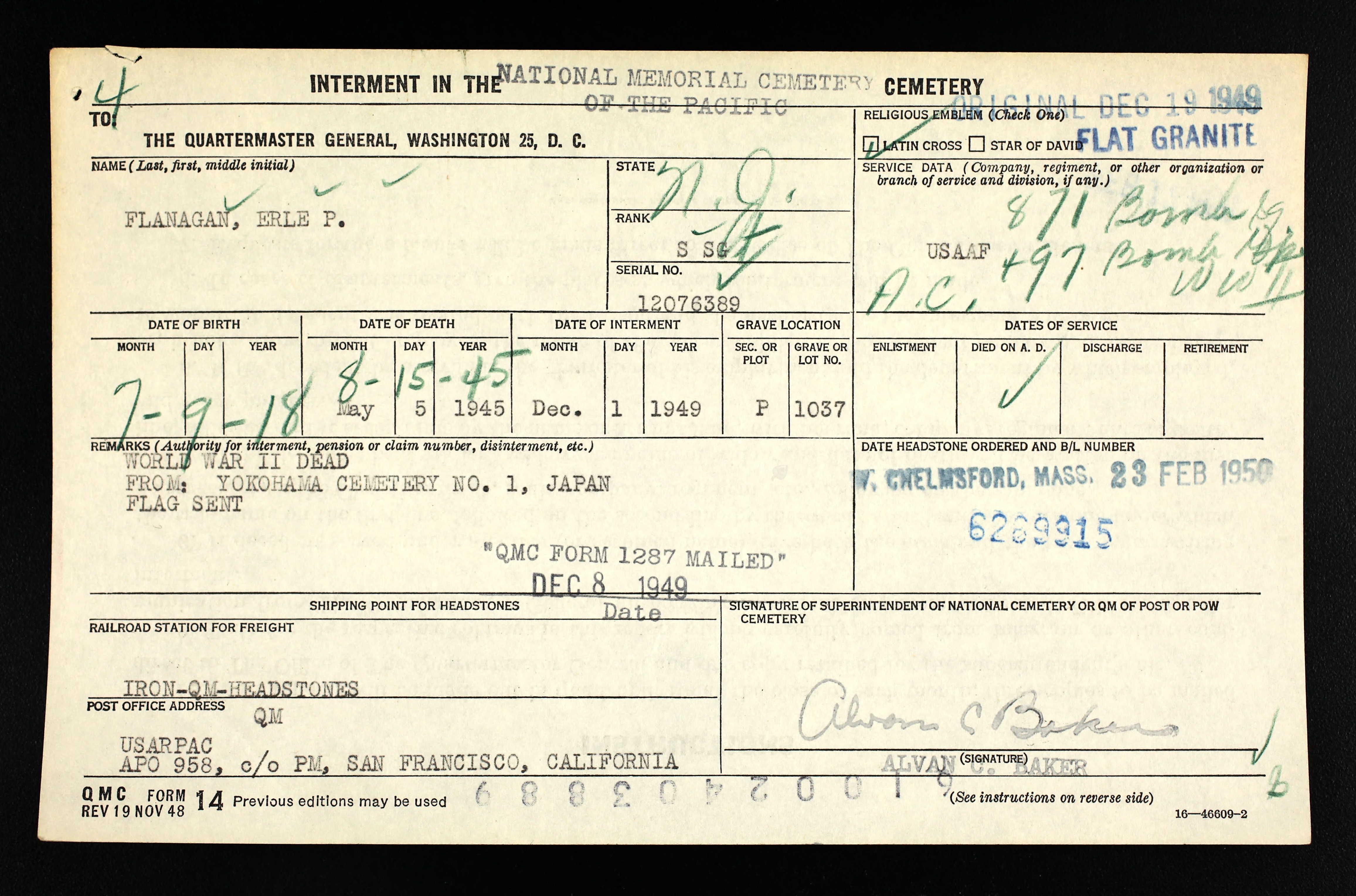 Interment form for Erle P. Flanagan