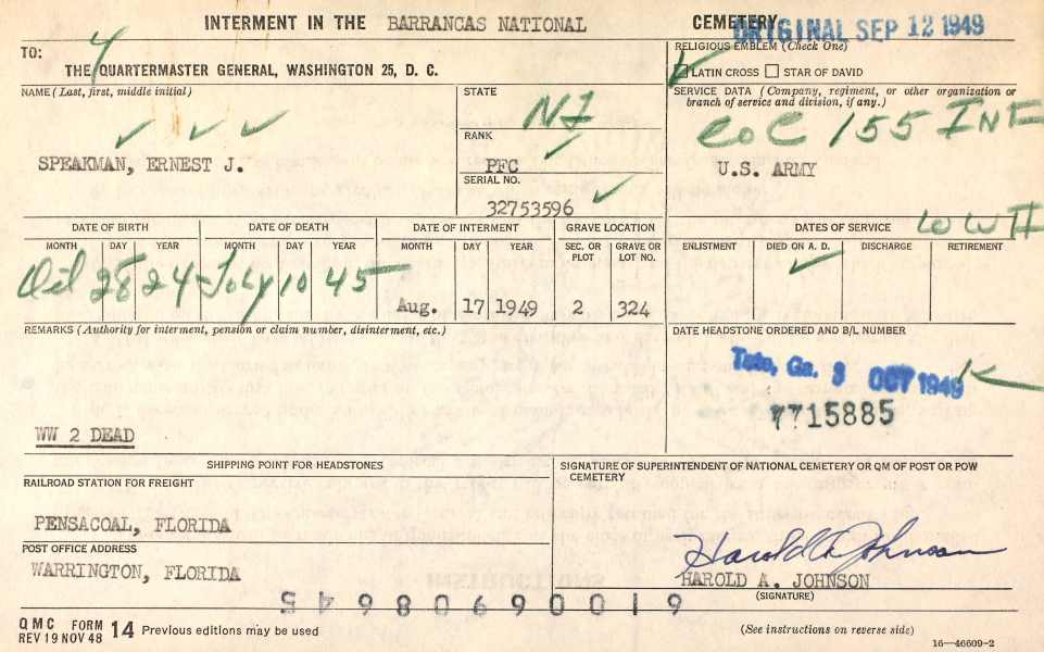 National Cemetery Interment Record for Ernest J. Speakman
