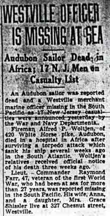 Westville Officer Is Missing at Sea, Camden Courier-Post