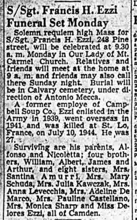 S/Sgt. Francis H. Ezzi Funeral Set Monday, Camden Courier-Post, April 1948