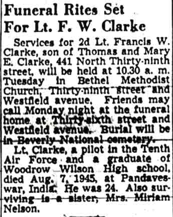 Funeral Rites Set For Lt. F. W. Clarke, Camden Courier-Post, June 4, 1948