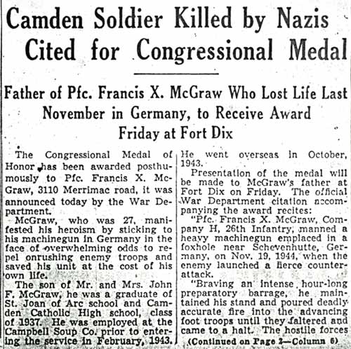 Courier-Post article about Medal of Honor, October 30 1945, page 1