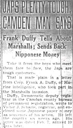 Japs Plenty Tough, Camden Man Says — Camden Courier-Post, February 21, 1944, part 1