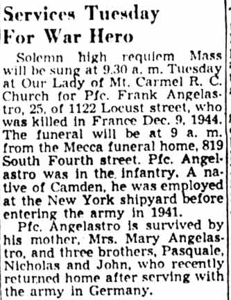 Services Tuesday For War Hero, Camden Courier-Post, December 4, 1948