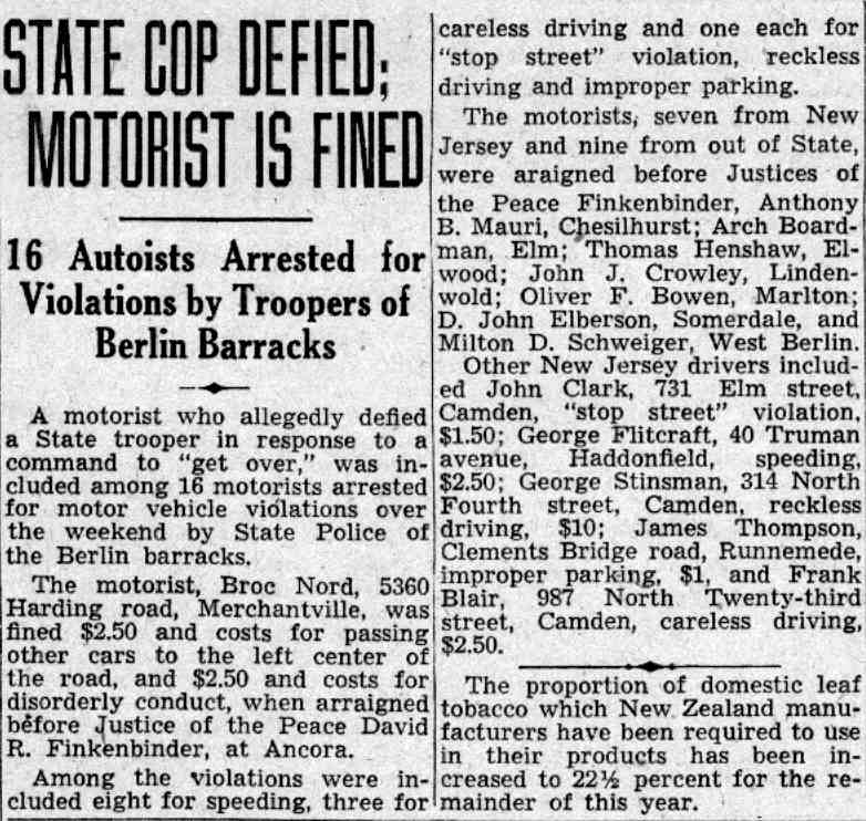 State Cop Defied; Motorist Is Fined, Camden Courier-Post July 29, 1941