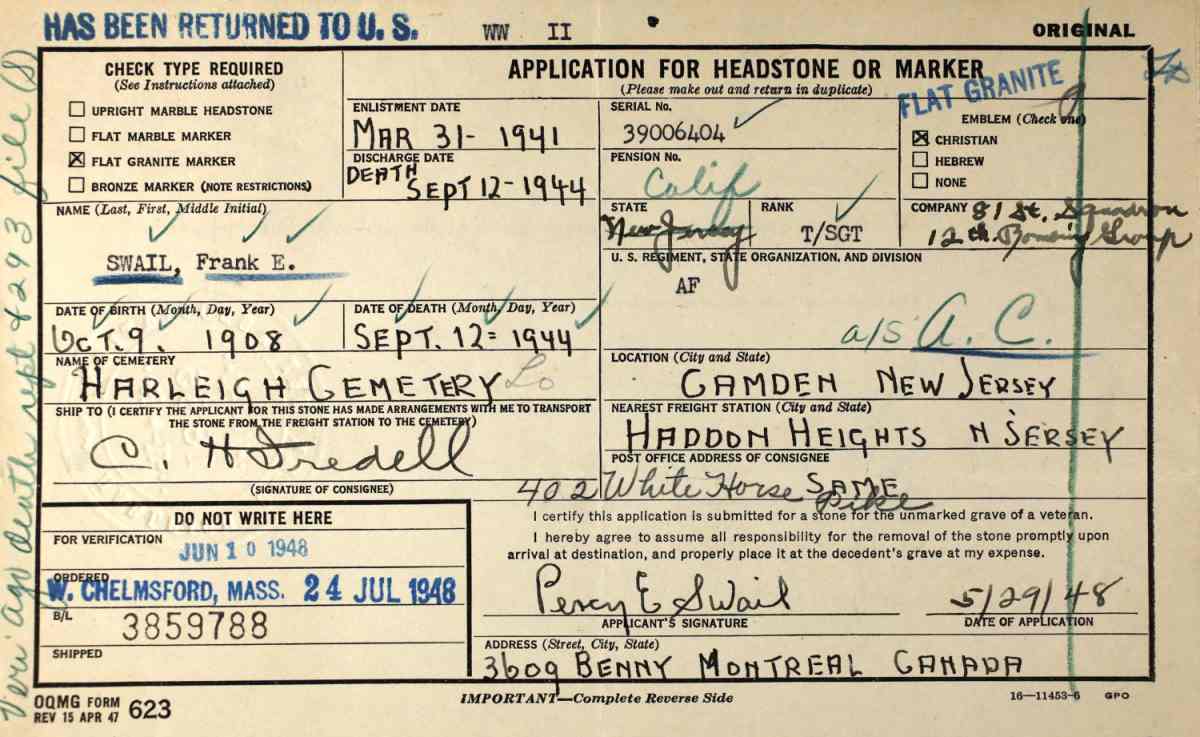 Application for headstone or marker for Frank E. Swail Jr., 1948