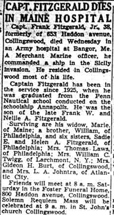 Camden Courier-Post, September 29, 1944 — Capt. Fitzgerald Dies in Maine Hospital