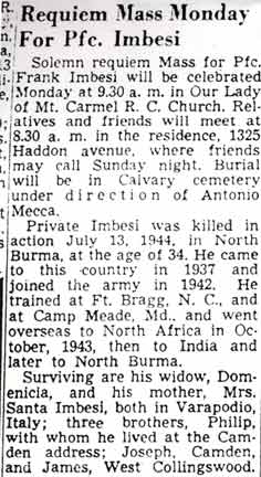 Requiem Mass Monday For Pfc. Imbesi — Camden Courier-Post, October 28, 1949