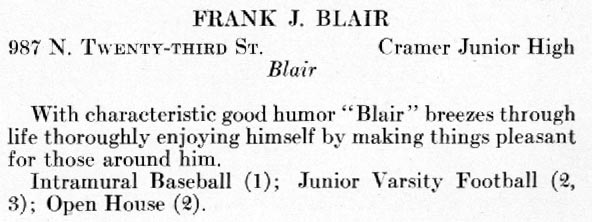 Frank J. Blair yearbook entry, Woodrow Wilson High School, June 1940