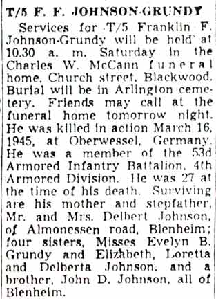 Camden Courier-Post obituary for Franklin F. Grundy Jr., March 31, 1949