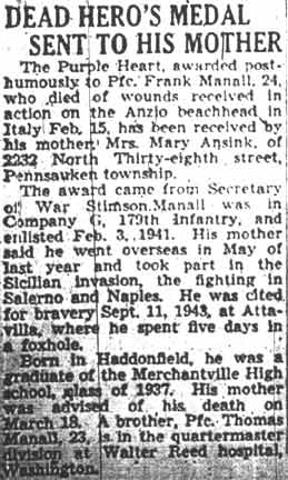 Camden Courier-Post article about Frank Manall, April 22, 1944