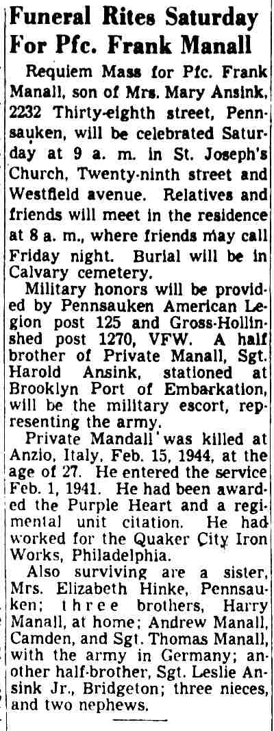 Funeral notice for Pfc. Frank Manall, Camden Courier-Post, July 28, 1948