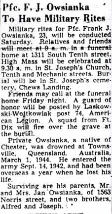 Pfc. F. J. Owsianka To Have Military Rites, Camden Courier-Post, March 10, 1948