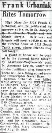Frank Urbaniak Rites Tomorrow, Camden Courier-Post, March 18, 1949