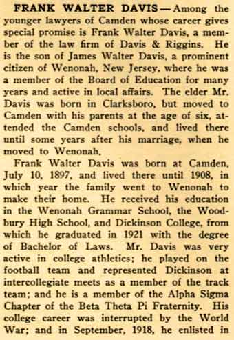 Biography of Frank Walter Davis in South Jersey: A History 1664-1924, page 1