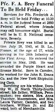 Funeral notice for Pfc. Frederick A. Brey, Camden Courier-Post, September 22, 1948