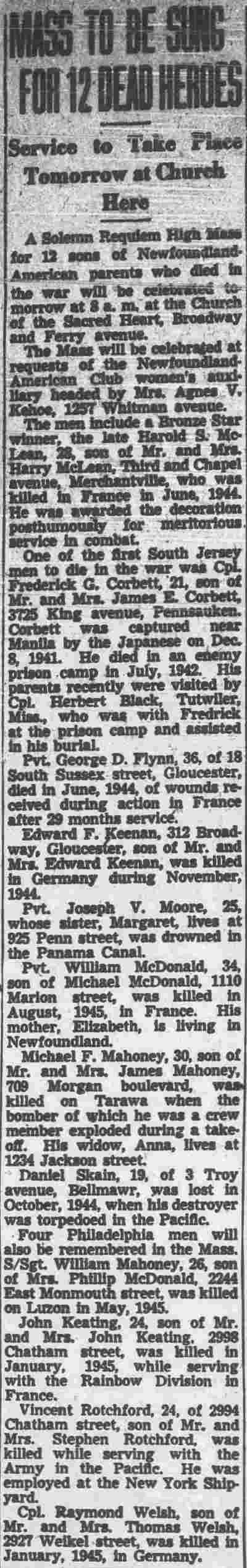 Mass to Be Sung for 12 Dead Heroes — Camden Courier-Post, March 1, 1946