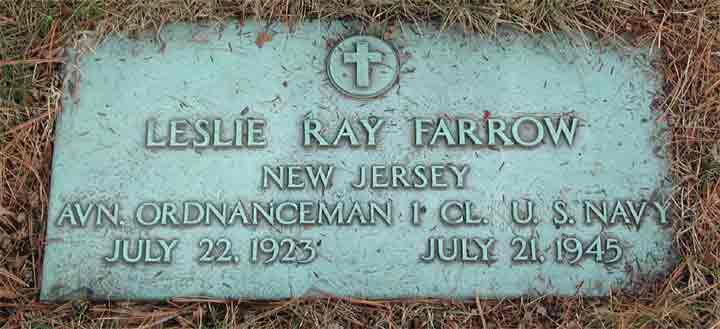Gravestone of Aviation Machinist's Mate First Class Leslie Ray Farrow Jr., Lakeview Memorial Park, Cinnaminson NJ