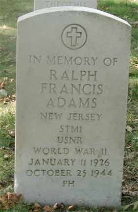 Memorial headstone for Ralph Francis Adams at Beverly National Cemetery, Beverly, NJ