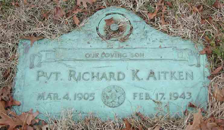 Grave marker of Private Richard K. Aitken at Lakeview Memorial Park, Cinnaminson NJ