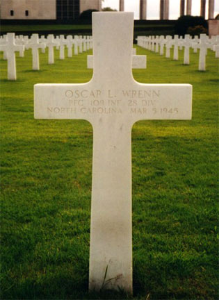 Grave of Oscar Lee Wrenn at Henri-Chapelle American Cemetery