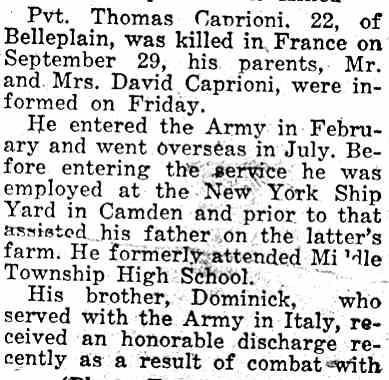 Newspaper clipping about the death of Thomas Caprioni, October 1944