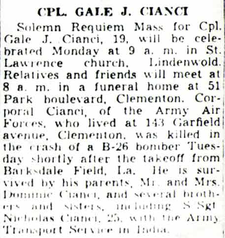 Obituary for Cpl. Gale J. Cianci, Camden Courier-Post October 28 1944
