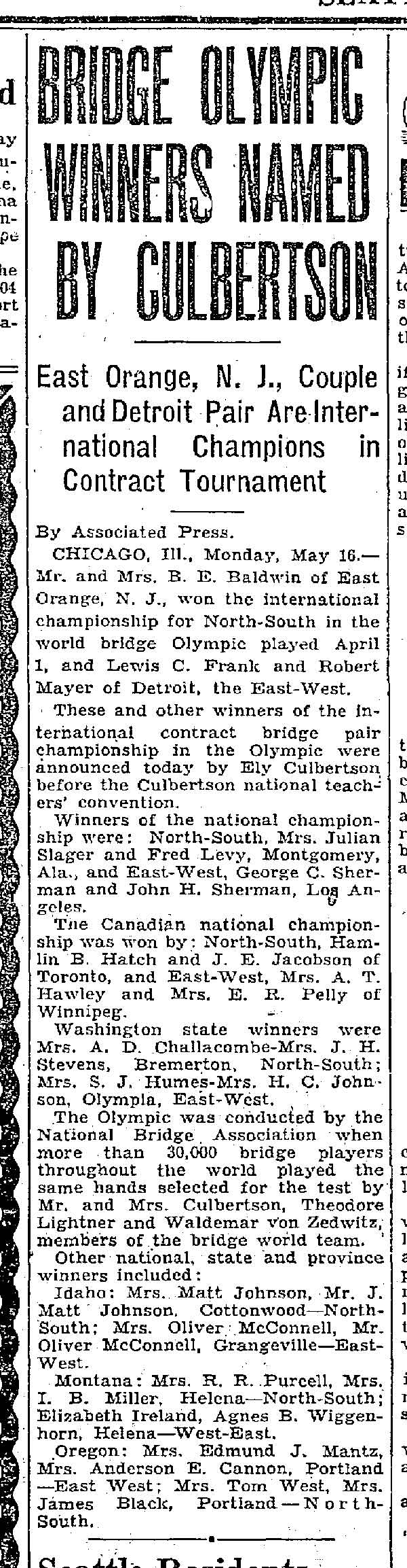 Seattle Daily Times, May 16, 1932 — Bridge Olympic Winners Named by Culbertson