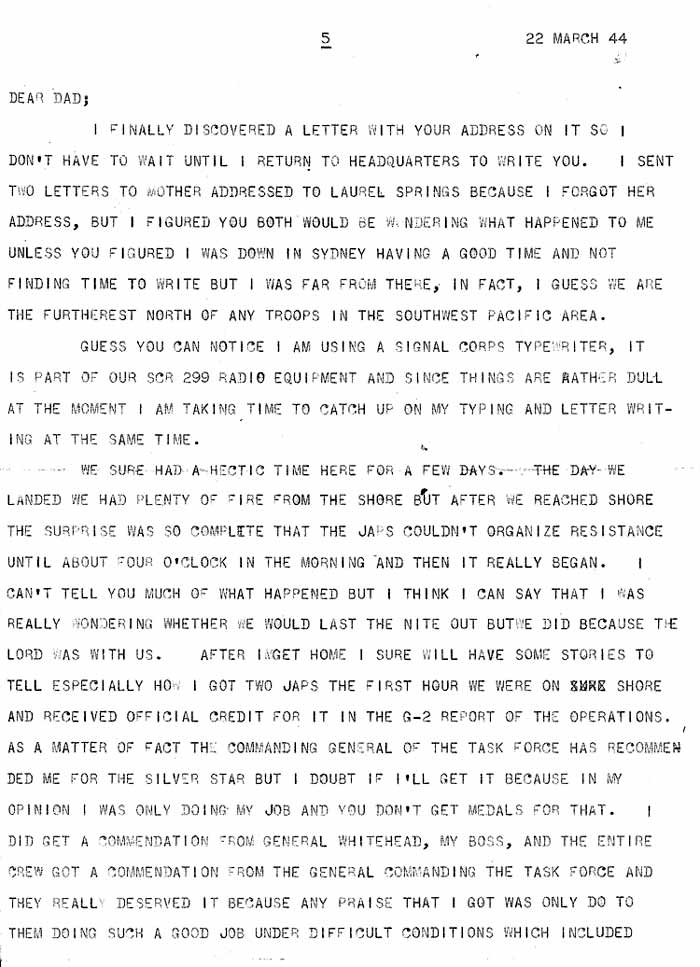 Last letter home from Captain George F. Frederick, page 1, March 22, 1944