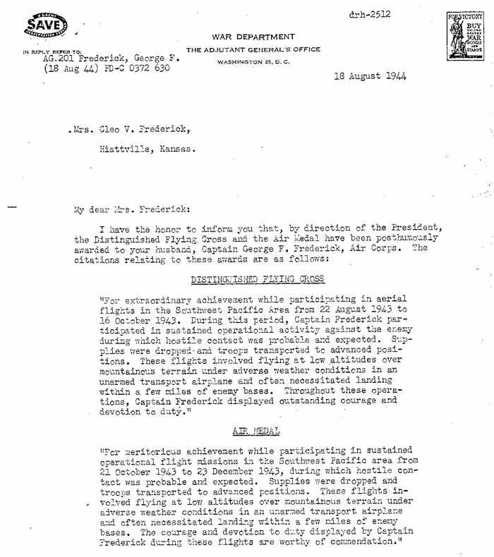 Distinguished Flying Cross and Air Medal award, August 18, 1944