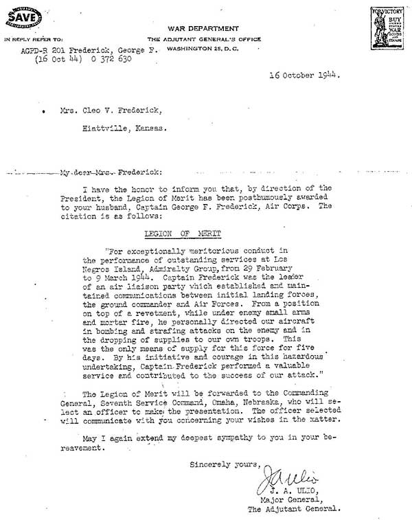 Legion of Merit award, October 16, 1944