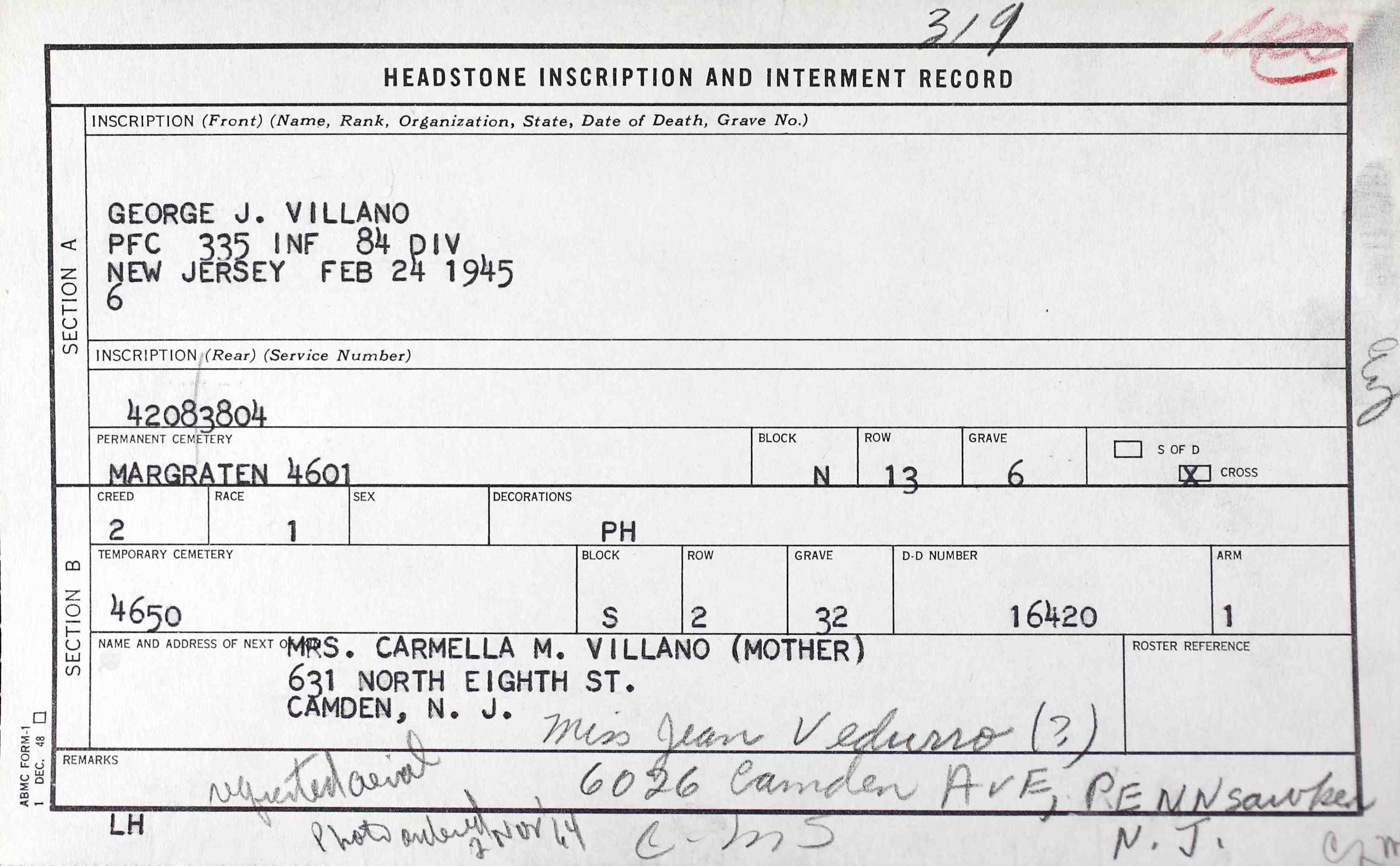 Interment record for George J. Villano