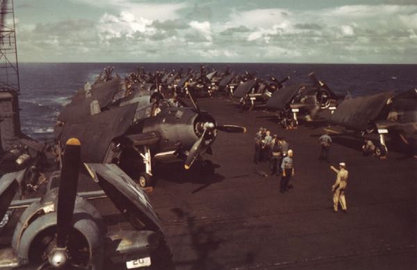 USS Monterey CVL-26 flight deck in the Gilbert Islands, November–December 1943
