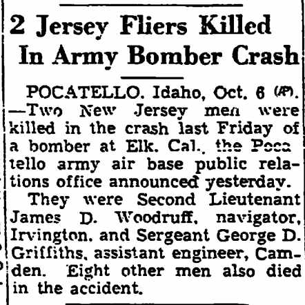 2 Jersey Fliers Killed In Army Bomber Crash, Trenton Evening Times, October 6, 1943