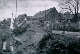 Sherman tank of the 781st Tank Battalion damaged in the 100th's assault on Lemberg, December 1944
