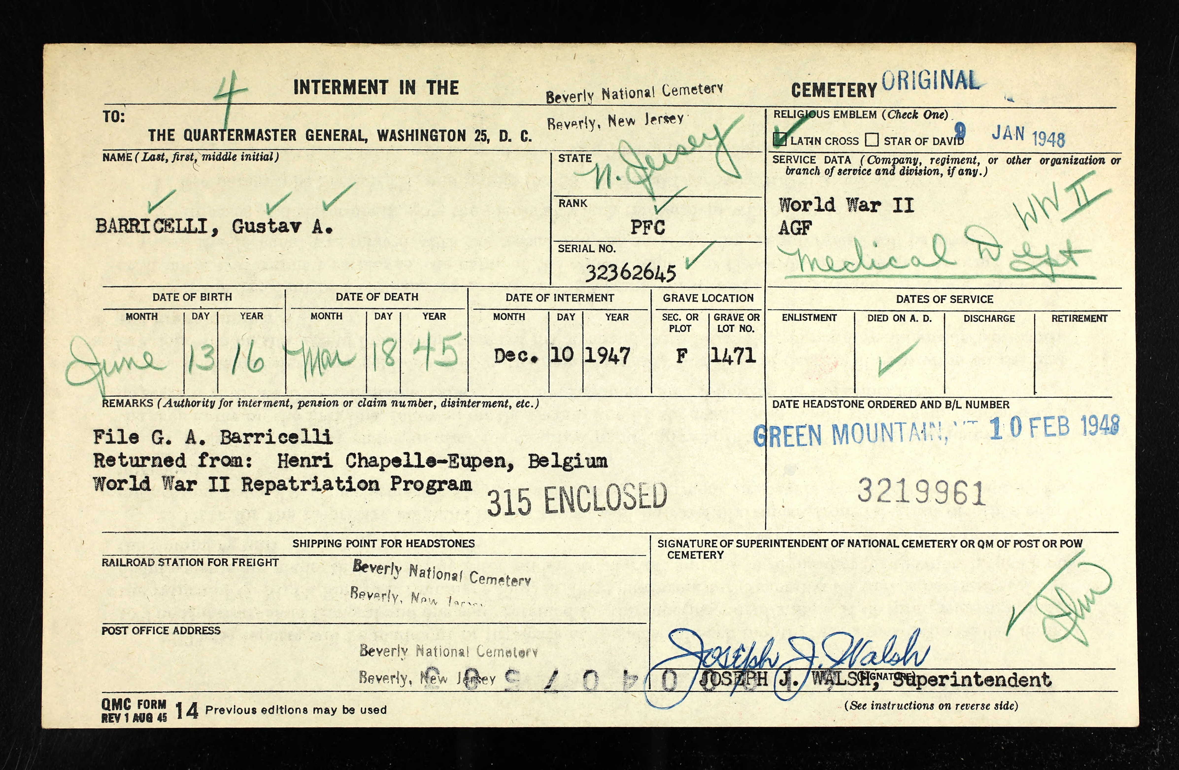 Interment record for Gustav A. Barricelli