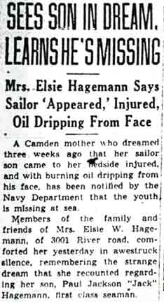 Camden Courier-Post, July 2, 1943, article about Paul Hagemann going missing