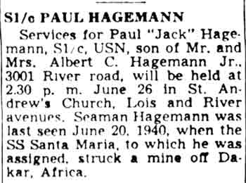 Memorial service notice for Seaman First Class Paul Hagemann, Camden Courier-Post, June 19, 1944