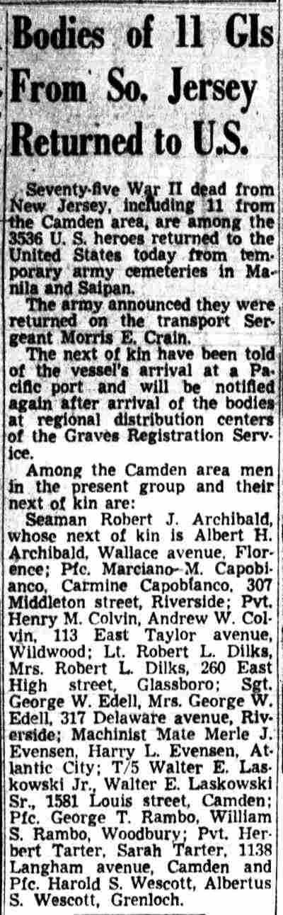 Camden Courier-Post, September 22, 1948 — Bodies of 11 Gls From So. Jersey Returned to U.S.