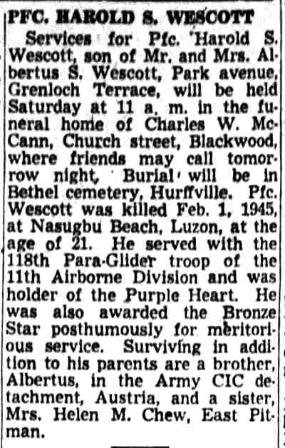 Camden Courier-Post, October 1, 1948 — Pfc. Harold S. Wescott