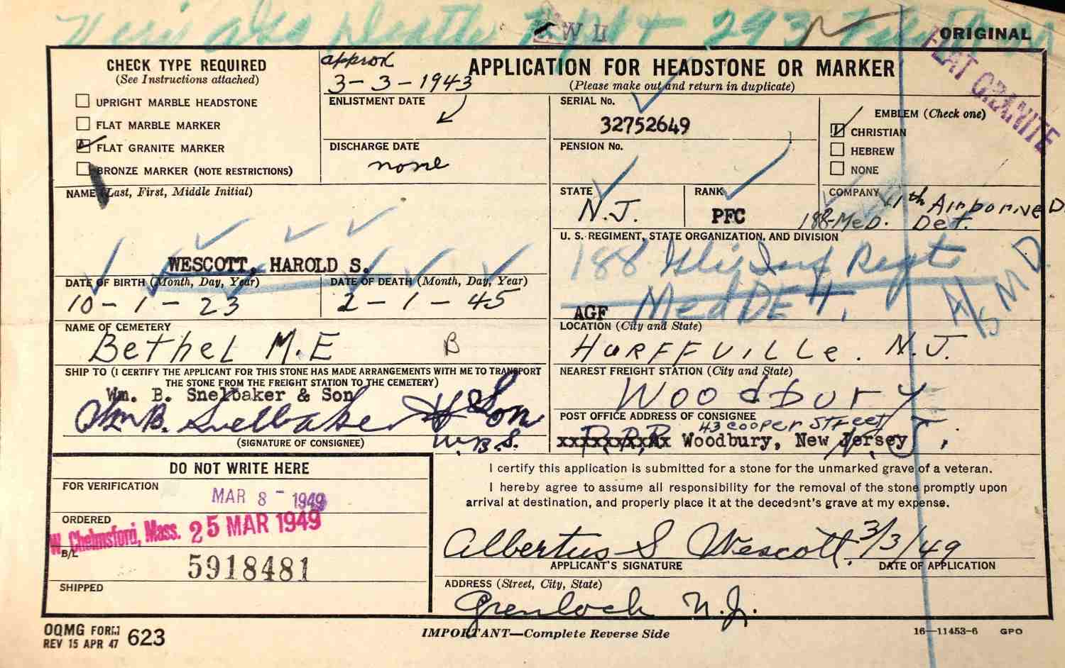 Military casualty form for Harold S. Wescott