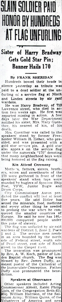 Service flag ceremony for Harry Holmes Bradway, Camden, 1942