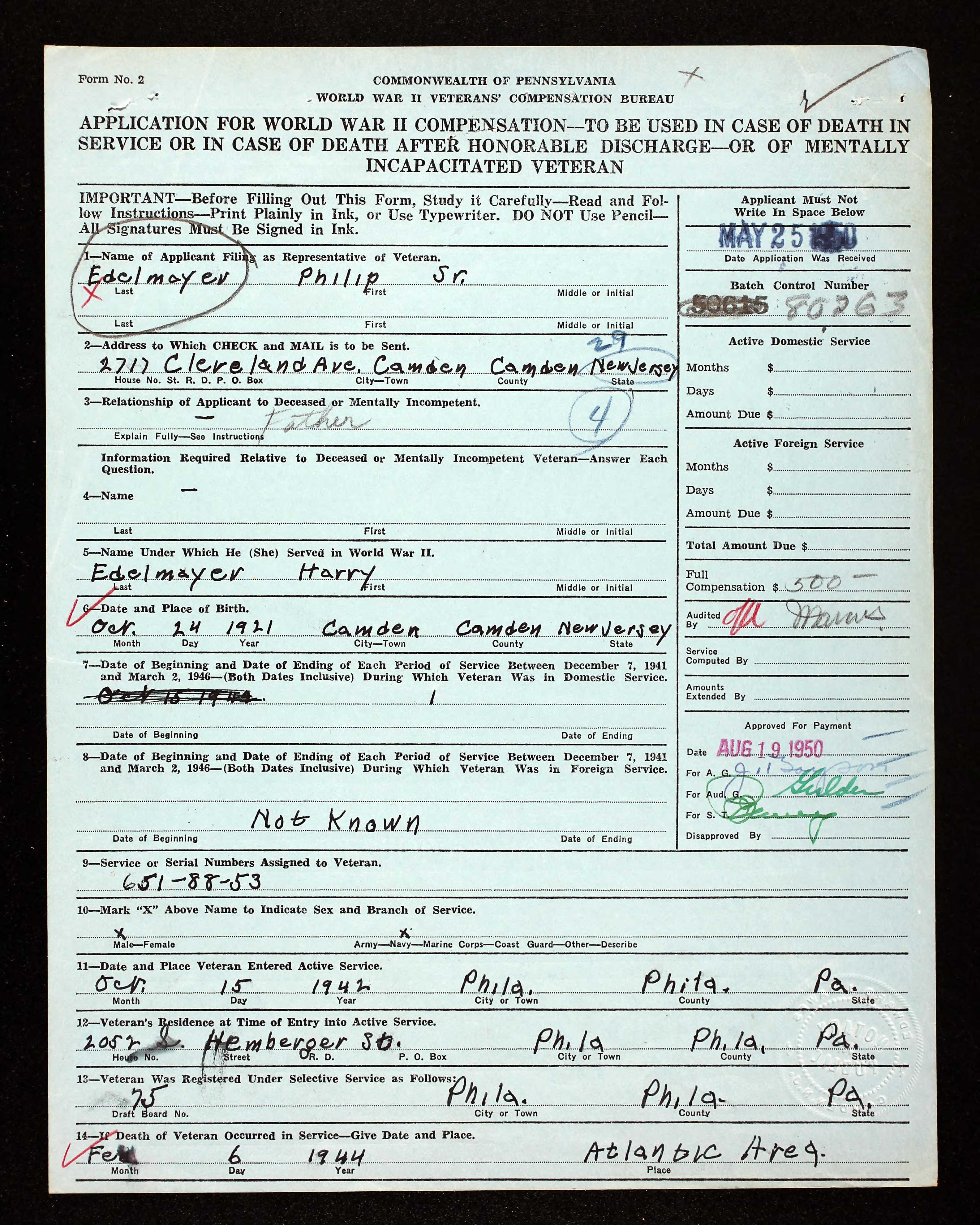 Pennsylvania Veterans' Compensation application for Harry Edelmayer