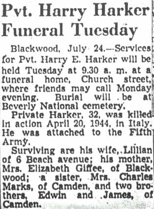 Camden Courier-Post obituary for Pvt. Harry E. Harker, July 24, 1948