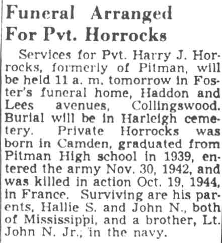 Camden Courier-Post obituary for Pvt. Harry J. Horrocks, December 17, 1948