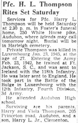Camden Courier-Post obituary for Pfc. Harry L. Thompson, April 7, 1949