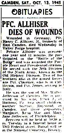 Camden Courier-Post obituary for Pfc. Henry C. Allhiser, October 13, 1945