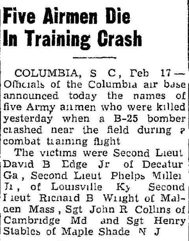 Connellsville PA Daily Courier, February 17, 1944 — Five Airmen Die in Training Crash