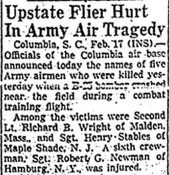 Syracuse NY Herald-Journal, February 17, 1944 — Upstate Flier Hurt in Army Air Tragedy
